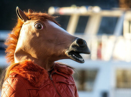 Photo of a person wearing a horse's head mannequin