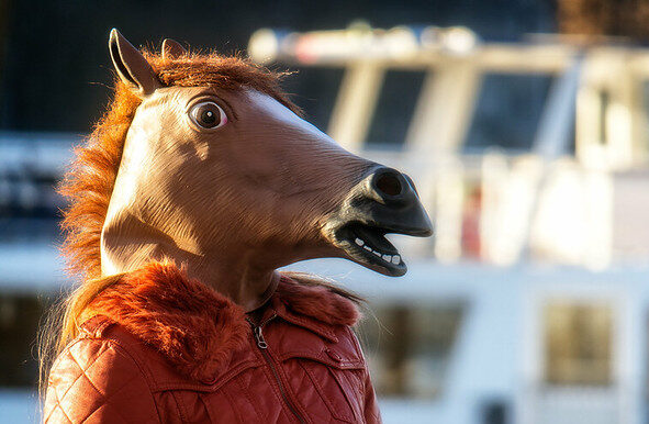 Photo of a person wearing a horse's head mannequin